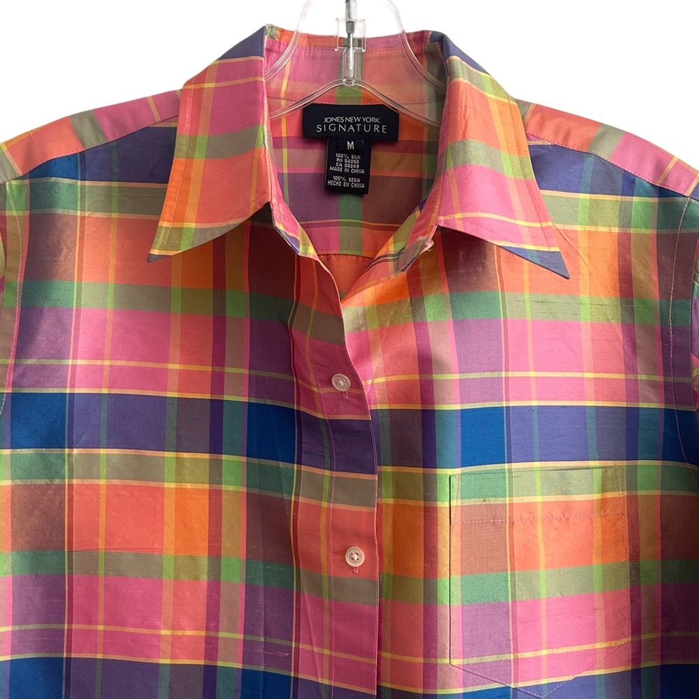 Jones New York Signature Spring Summer Preppy Plaid Silk Shantung Blouse M - Picture 7 of 7